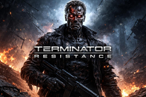 Терминатор стоит в рваной одежде и у него половину лицо обножено металлом