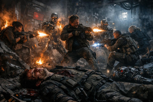 4 бойцов сопротивления проникают на базу скайнет уничтожая терминаторов и 1 боец гибнет в процессе отстреливаясь, без текста