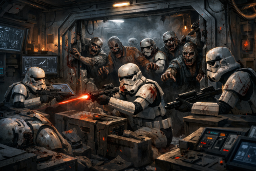 звездные войны, несколько штурмовиков остались в живых и заперлись в командном центе отбиваясь от зомби, некогда своих братьев штурмовиков и других работников комплекса, без текста