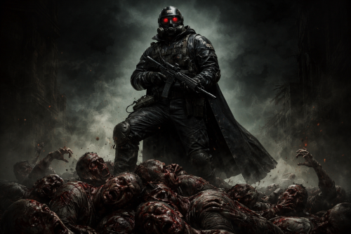 Ханк из обителя зла стоит с автоматом в плаще, на горы из тупов зомби