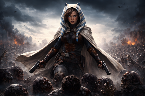 Элис из обителя зла стоит с двумя пистолетами в плаще асоки тано, на горы из тупов зомби