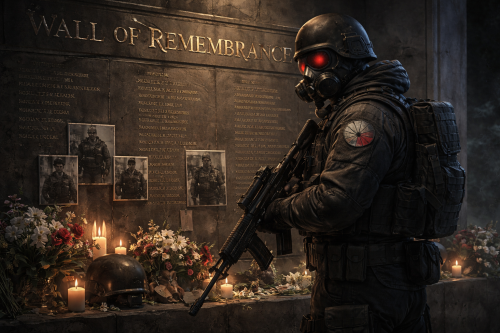 Ханк из resident evil стоит у Стены памяти своих павших бойцов