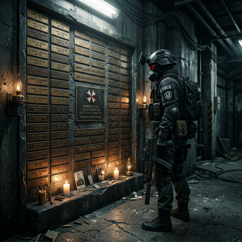 Ханк из resident evil стоит у Стены памяти своих павших бойцов