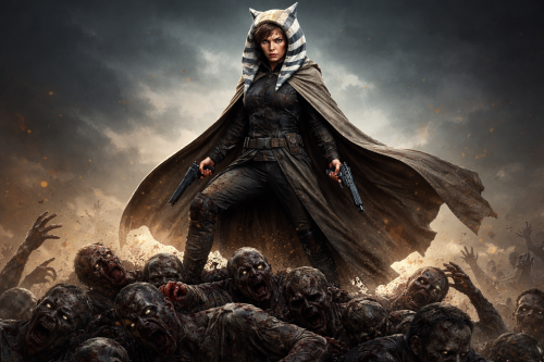 Элис из обителя зла стоит с двумя пистолетами в плаще асоки тано, на горы из тупов зомби