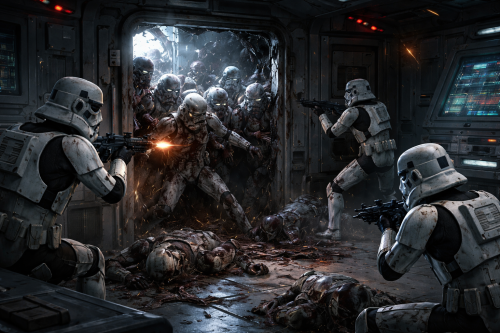 звездные войны, несколько штурмовиков остались в живых и заперлись в командном центе отбиваясь от зомби, некогда своих братьев штурмовиков и других работников комплекса, без текста