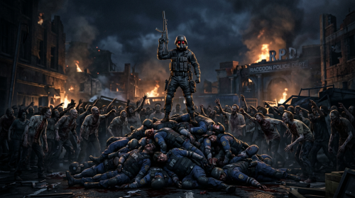 Ханк стоит на горе трупов полицейских из ракун сити с автоматом поднятым в верх и вокруг него зомби