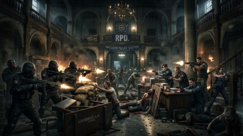 uss солдаты амбреллы пытаются отбить полицейский участок у полицейских racoon city, отряд STARS совместно с rpd полицией города пытаются отпросить их попутно отбиваясь от зомби